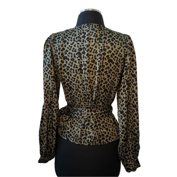 Good American Sage Leopard Wrap Top Balloon Long Sleeve Green Black Size 1 = S - Picture 7 of 15